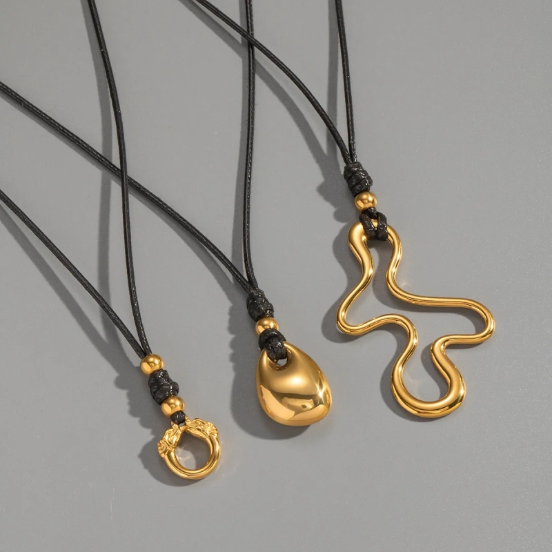 Exaggerated Personality Irregular Pendant Leather Rope Necklace Girls 18K Gold Plated Waterproof Stainless Steel YF8197