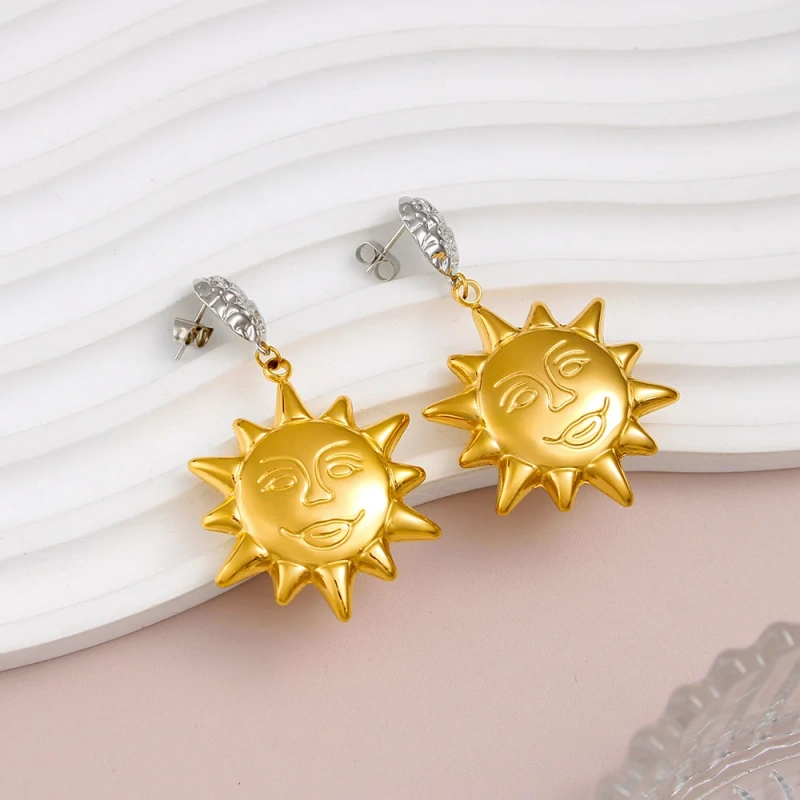 Vintage Abstract Smiley Sun Pendant Earrings 18K Gold Plated Waterproof Stainless Steel YF8207