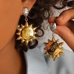 Vintage Abstract Smiley Sun Pendant Earrings 18K Gold Plated Waterproof Stainless Steel YF8207