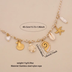 New Bohemian Style Woven Link Chain Stainless Steel 18k Gold Plated Ocean Style Sea Star Conch Multi Pendant Necklace YF6511