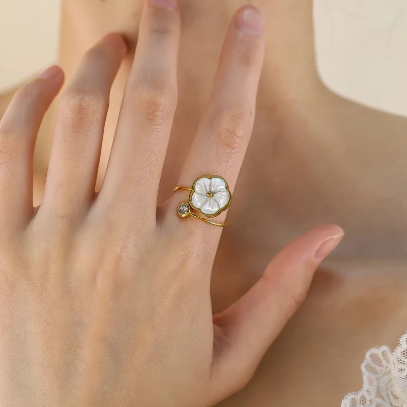 Ins Opening Flower Ring Geometric Natural Hand Jewelry Wholesale 18K Gold Plated Waterproof Stainless Steel YF8189