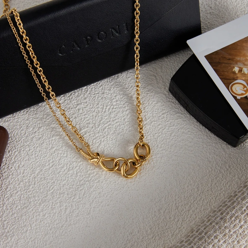 Waterproof Stainless Steel Double Panel Chain Design Knot Pendant Women Non Tarnish Necklace for Daily Use YF6632