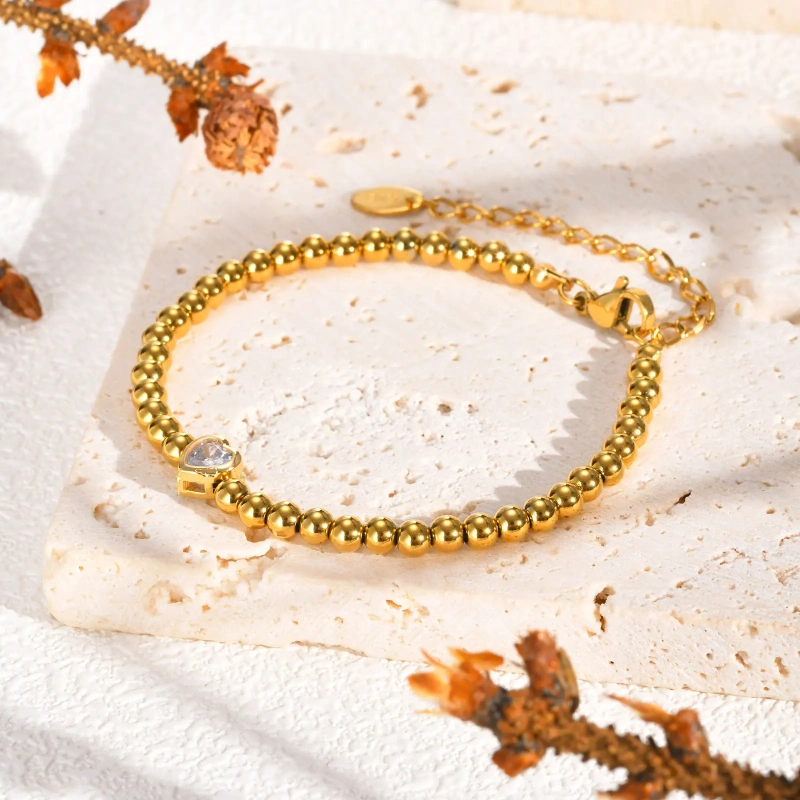 Ins Simple Plain Bead Heart Zircon Bracelet 18K Gold Plated Waterproof Stainless Steel YF8163