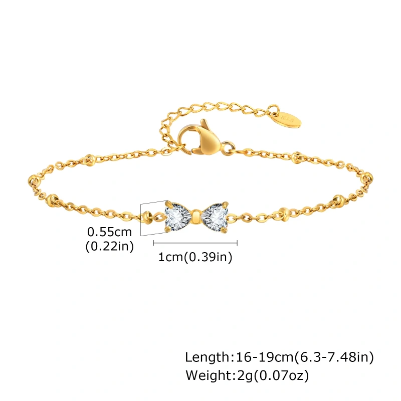 Womens Stainless Steel Partition Bead Chain Zircon Bow Bracelet Gold 18K Gold Plated Waterproof Stainless Steel YF8156