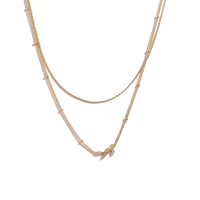 New Design Olive Leaf Pendant Double Diamond Light Luxury Clavicle Chain 18K Gold Plated Waterproof Stainless Steel YF8185