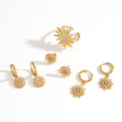 Elegant Zircon Stud Earrings Ring Womems Jewelry Set 18k Gold Plated Stainless Steel  Star Sun Earrings for Party YF8017