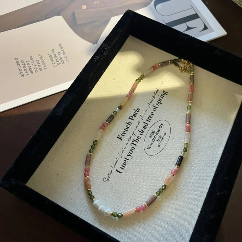 Summer New Stainless Steel 18k Gold Plated Freshwater Baroque Pearl Green Zircon Natural Stone Necklace Yf6384