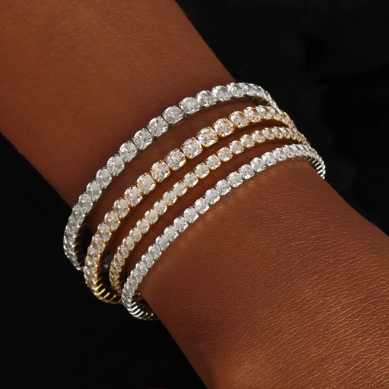 Luxurious and Elegant Single Row Stretch Filled Zircon Bracelet 18K Gold Plated Waterproof Stainless Steel YF8206