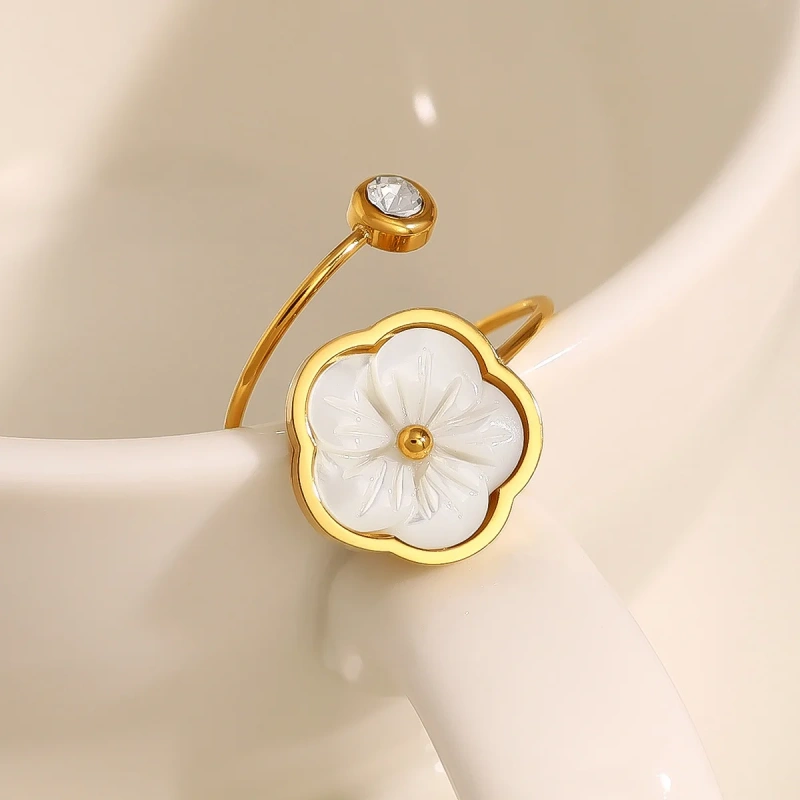 Ins Opening Flower Ring Geometric Natural Hand Jewelry Wholesale 18K Gold Plated Waterproof Stainless Steel YF8189