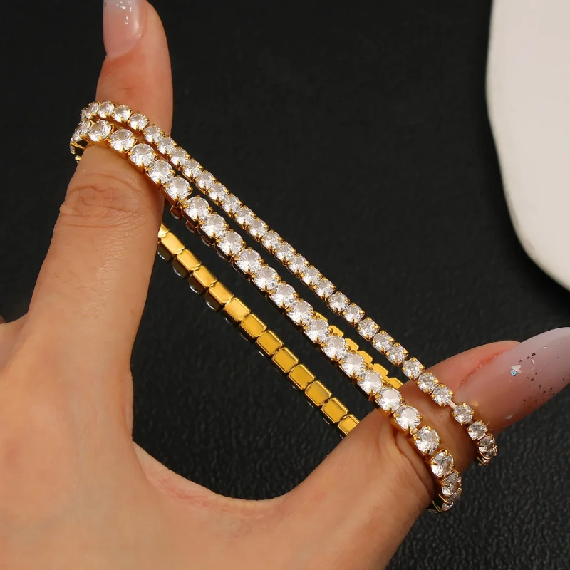 Luxurious and Elegant Single Row Stretch Filled Zircon Bracelet 18K Gold Plated Waterproof Stainless Steel YF8206