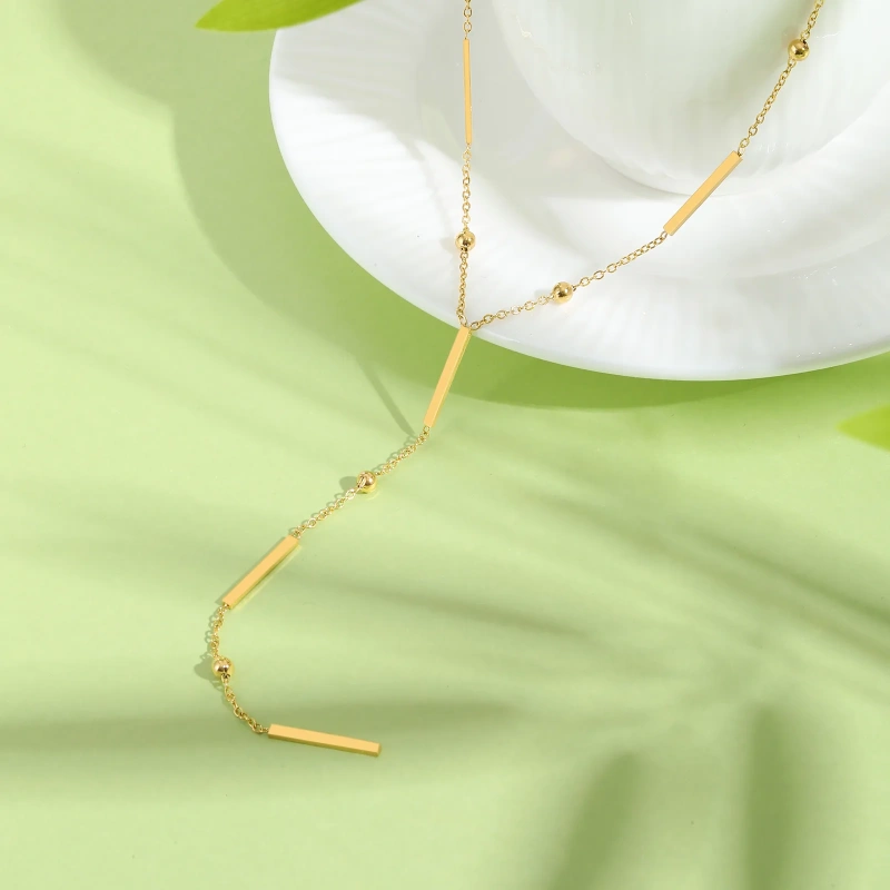 Stylish Square Strip Partition Clavicle Chain Y Shaped Fringe Necklace Gold 18K Gold Plated Waterproof Stainless Steel YF8161