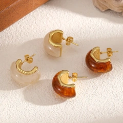 Maillard Color Earrings Geometric Resin Stud Earrings 18k Gold Plated Waterproof Stainless Steel Earrings for Womens YF8018