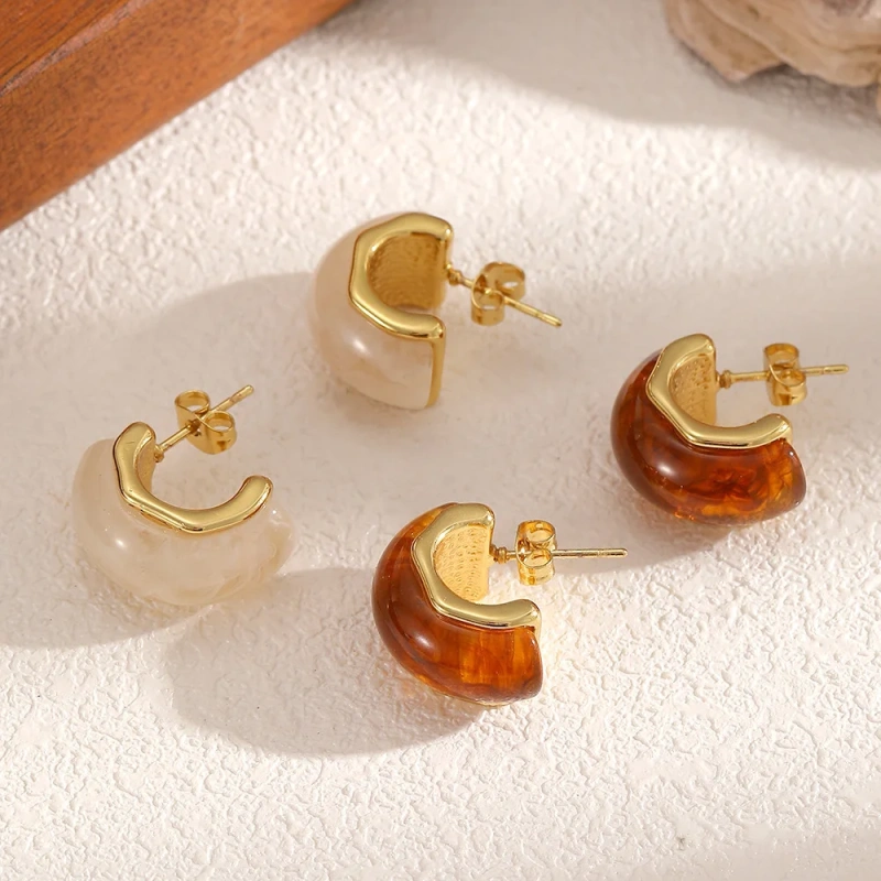 Maillard Color Earrings Geometric Resin Stud Earrings 18k Gold Plated Waterproof Stainless Steel Earrings for Womens YF8018