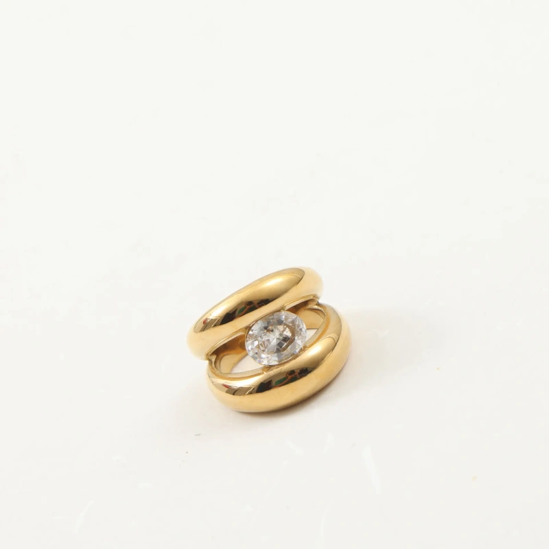 Delicate Minimalist Abstract Peach Heart Ring Wide Zircon 18K Gold Plated Waterproof Stainless Steel YF8219