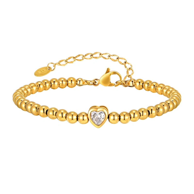 Ins Simple Plain Bead Heart Zircon Bracelet 18K Gold Plated Waterproof Stainless Steel YF8163