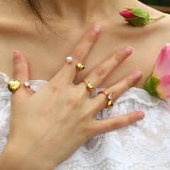 Stylish Heart Pearl Open Zircon Heart Ring 18K Gold Plated Waterproof Stainless Steel YF8183