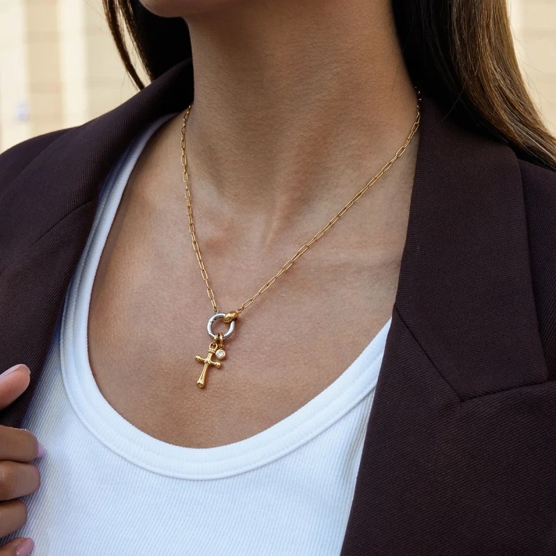 Stainless Steel 18k Gold Plated Waterproof DIY Chain Two Tone Double Circle Heart Cross Pendant Hypoallergenic Necklace YF6630