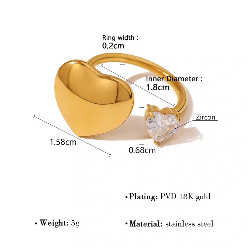 Stylish Heart Pearl Open Zircon Heart Ring 18K Gold Plated Waterproof Stainless Steel YF8183