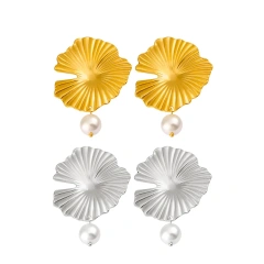 French Vintage Summer Lotus Leaf Earrings Pearl Tassel Pendant 18K Gold Plated Waterproof Stainless Steel YF8209