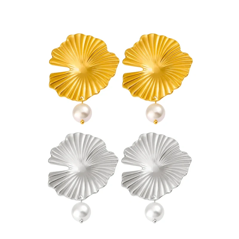 French Vintage Summer Lotus Leaf Earrings Pearl Tassel Pendant 18K Gold Plated Waterproof Stainless Steel YF8209