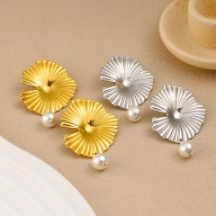 French Vintage Summer Lotus Leaf Earrings Pearl Tassel Pendant 18K Gold Plated Waterproof Stainless Steel YF8209