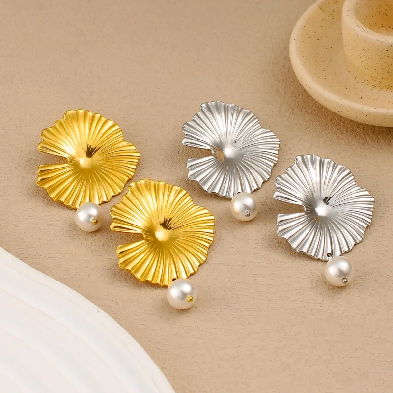 French Vintage Summer Lotus Leaf Earrings Pearl Tassel Pendant 18K Gold Plated Waterproof Stainless Steel YF8209