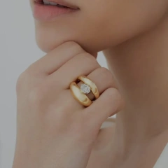 Delicate Minimalist Abstract Peach Heart Ring Wide Zircon 18K Gold Plated Waterproof Stainless Steel YF8219