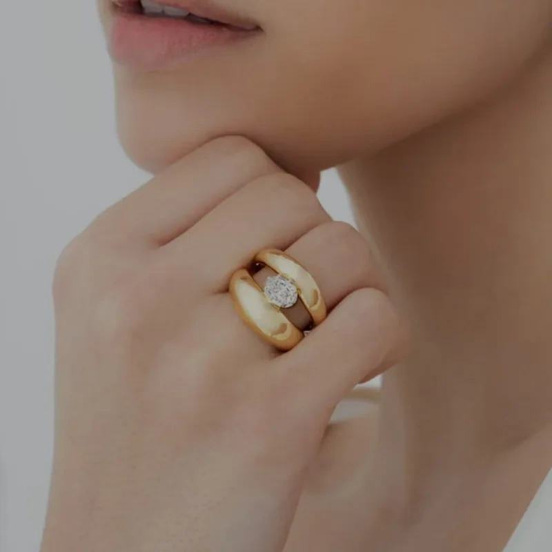 Delicate Minimalist Abstract Peach Heart Ring Wide Zircon 18K Gold Plated Waterproof Stainless Steel YF8219