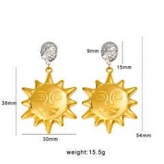 Vintage Abstract Smiley Sun Pendant Earrings 18K Gold Plated Waterproof Stainless Steel YF8207