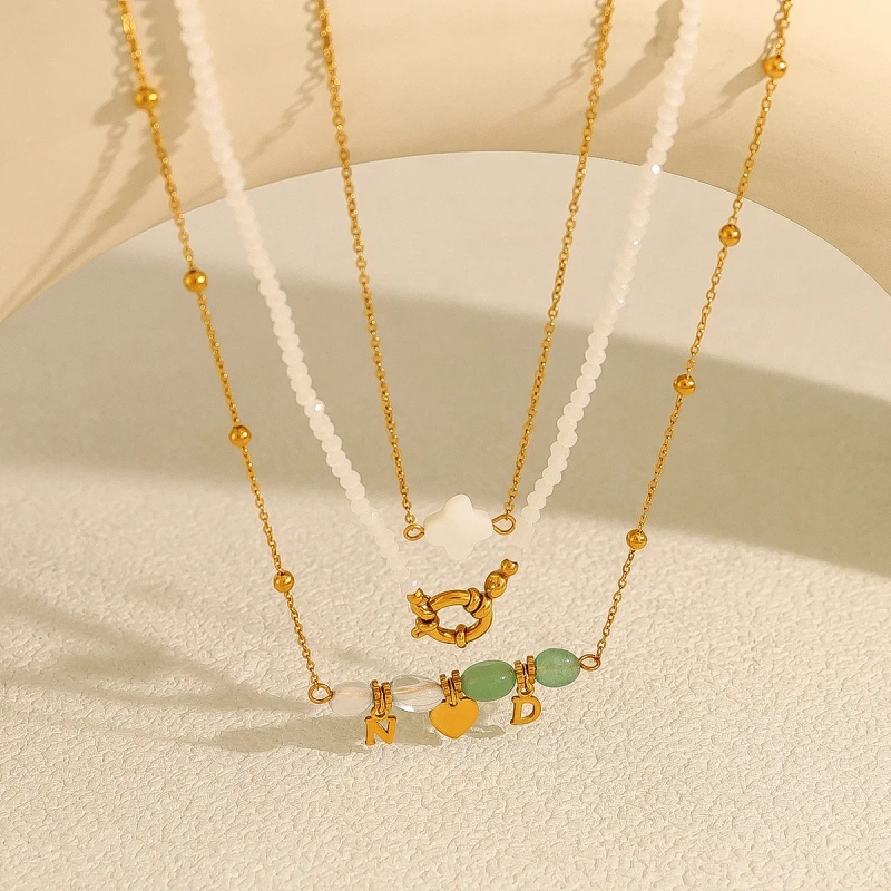 Personalized Luxury Natural Stone Necklace Beaded Love Pendant Clavicle Chain 18K Gold Plated Waterproof Stainless Steel YF8203