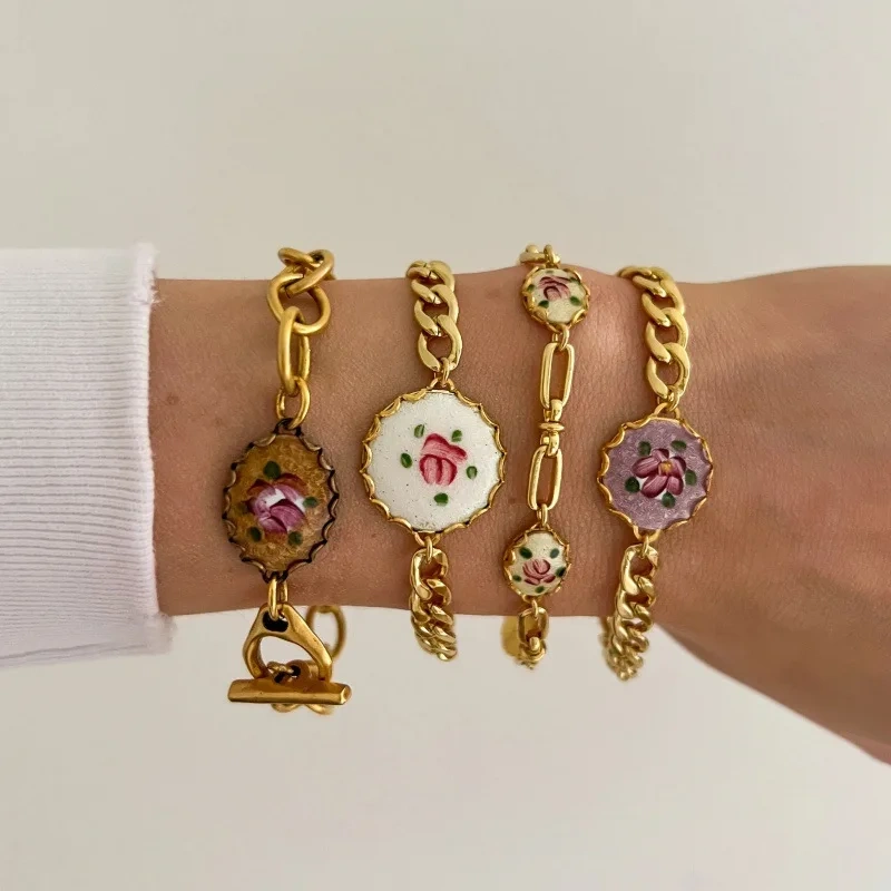 Temperament Vintage Oil Painting Style Floral Pendant Versatile Bracelet 18K Gold Plated Waterproof Stainless Steel YF8192