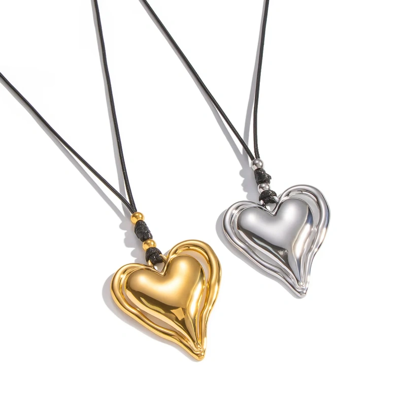 Minimalist Fashion Classic Heart Heart Pendant Black Rope Necklace 18K Gold Plated Waterproof Stainless Steel YF8195