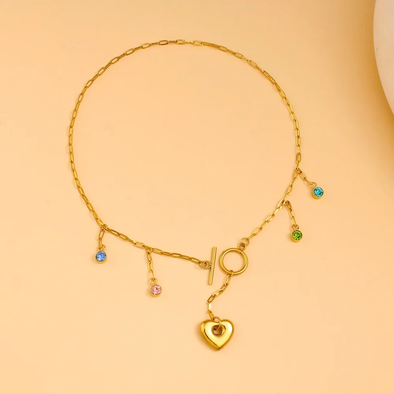 Vintage Elegant Zircon Heart Small Pendant Clavicle Chain 18K Gold Plated Waterproof Stainless Steel YF8205