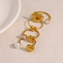 Stylish Heart Pearl Open Zircon Heart Ring 18K Gold Plated Waterproof Stainless Steel YF8183