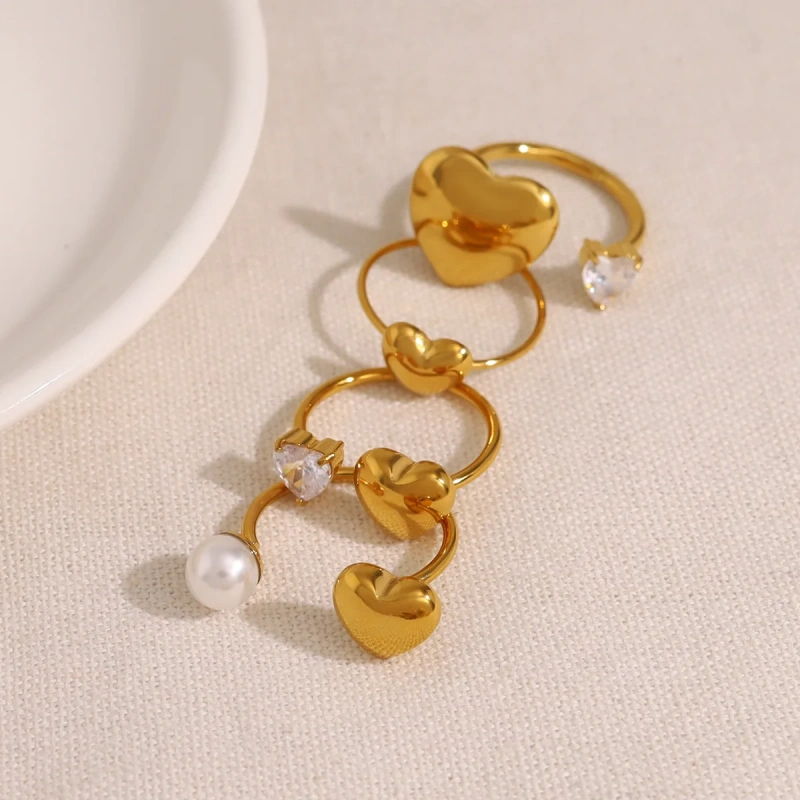 Stylish Heart Pearl Open Zircon Heart Ring 18K Gold Plated Waterproof Stainless Steel YF8183