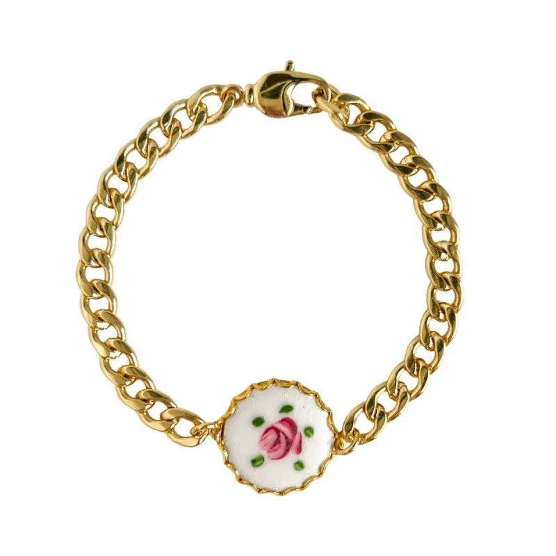 Temperament Vintage Oil Painting Style Floral Pendant Versatile Bracelet 18K Gold Plated Waterproof Stainless Steel YF8192