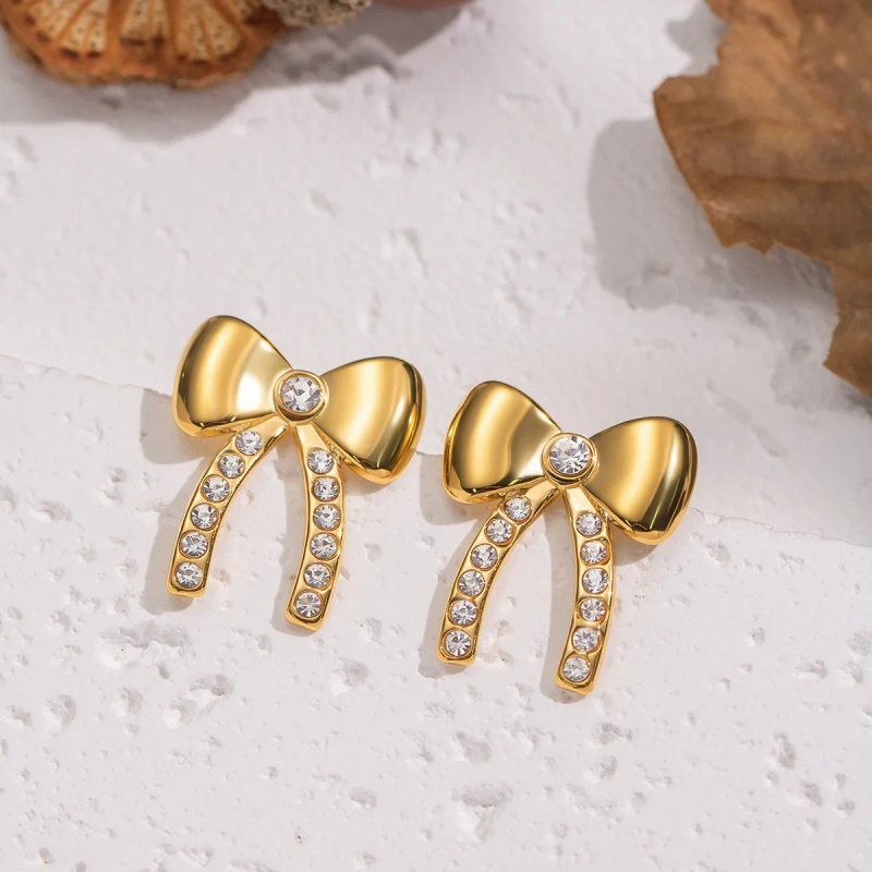 Fashionable Exquisite Personalized Temperament Zirconia Bowknot Earrings18K Gold Plated Waterproof Stainless Steel YF8315