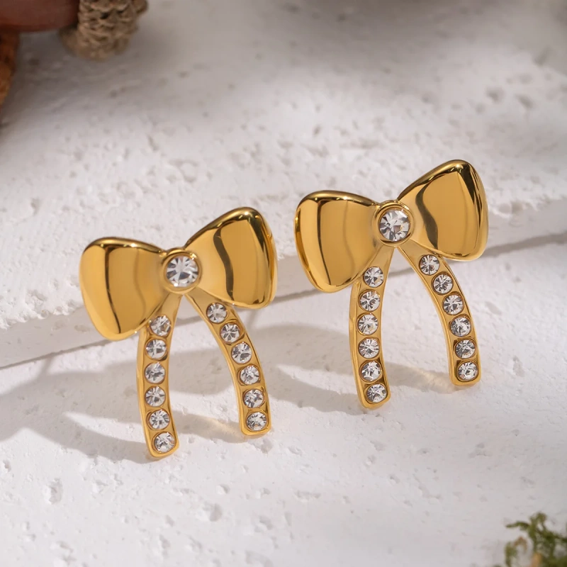 Fashionable Exquisite Personalized Temperament Zirconia Bowknot Earrings18K Gold Plated Waterproof Stainless Steel YF8315