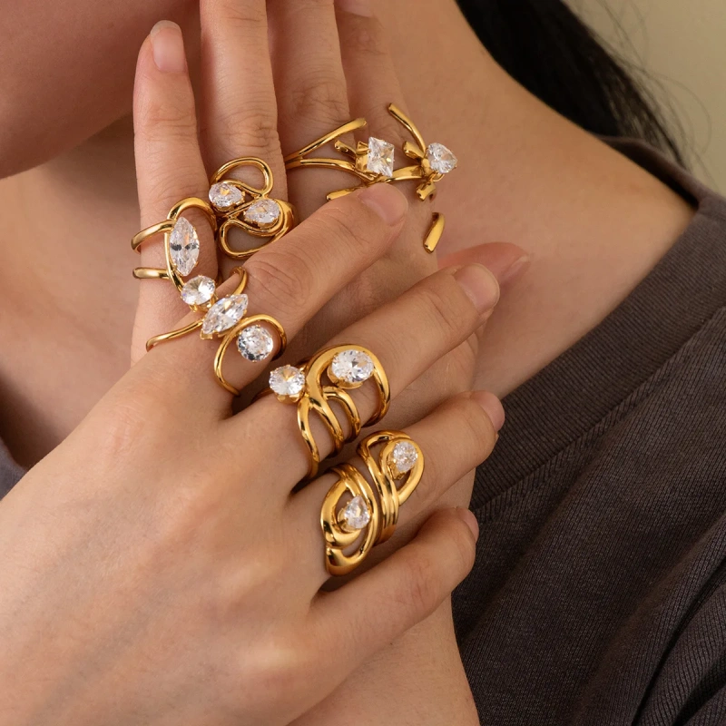 Light Luxury High End Stylish Versatile Irregular Geometric Line Zircon Ring 18K Gold Plated Waterproof Stainless Steel YF8317