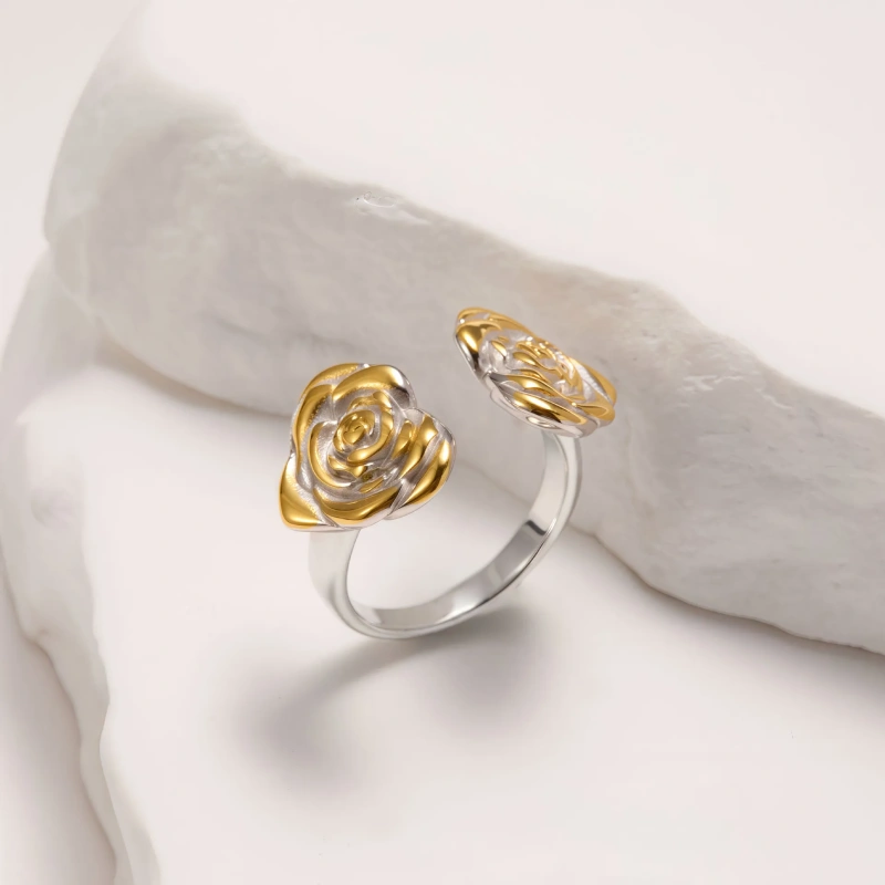 Niche Minimalist Stylish Open Gold Rose Flower Ring 18K Gold Plated Waterproof Stainless Steel YF8306