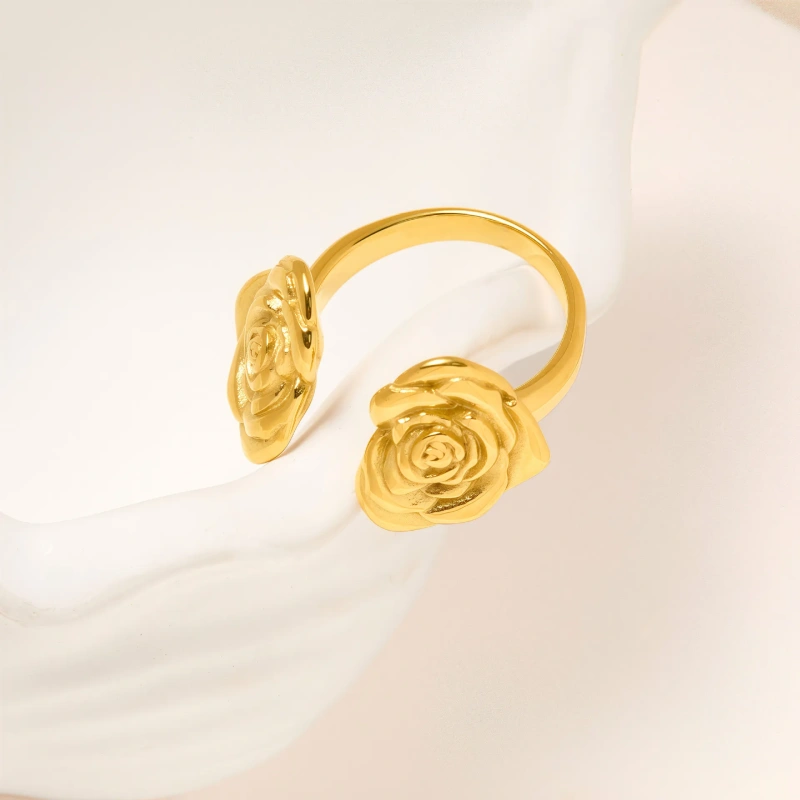 Niche Minimalist Stylish Open Gold Rose Flower Ring 18K Gold Plated Waterproof Stainless Steel YF8306