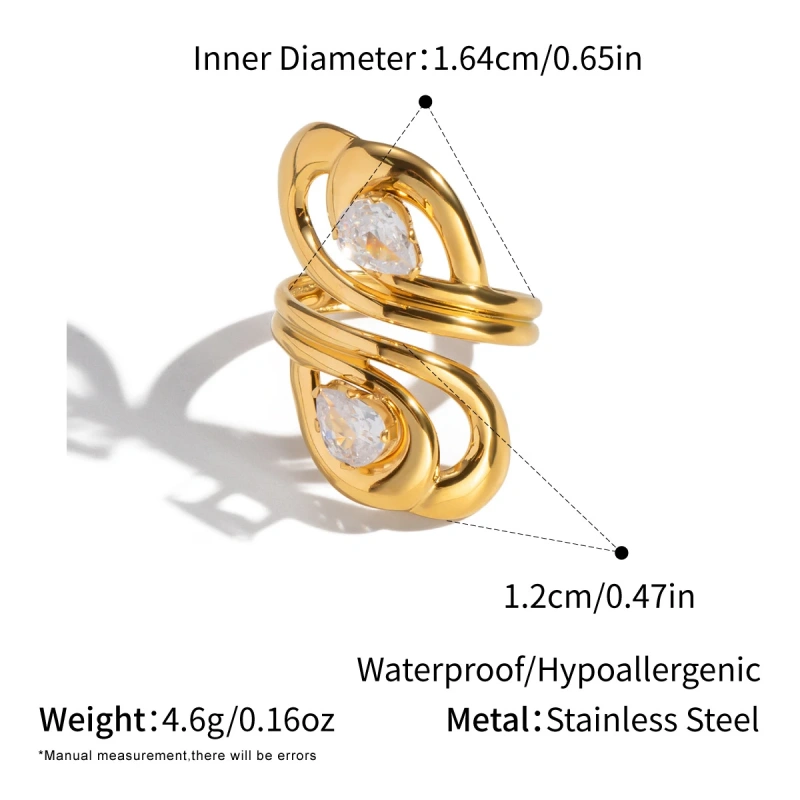 Light Luxury High End Stylish Versatile Irregular Geometric Line Zircon Ring 18K Gold Plated Waterproof Stainless Steel YF8317