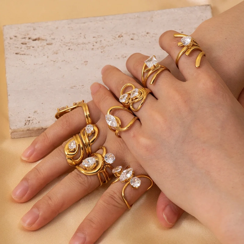 Light Luxury High End Stylish Versatile Irregular Geometric Line Zircon Ring 18K Gold Plated Waterproof Stainless Steel YF8317