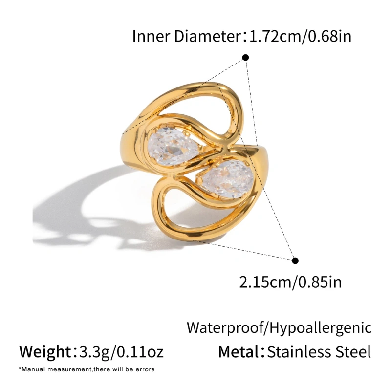 Light Luxury High End Stylish Versatile Irregular Geometric Line Zircon Ring 18K Gold Plated Waterproof Stainless Steel YF8317