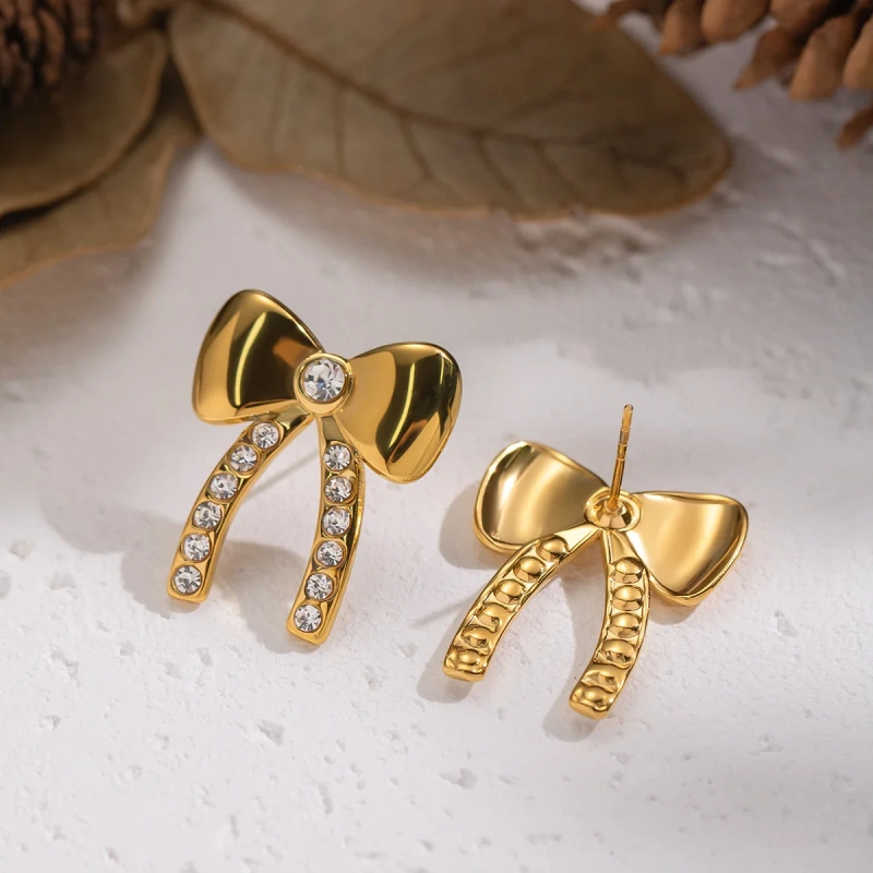Fashionable Exquisite Personalized Temperament Zirconia Bowknot Earrings18K Gold Plated Waterproof Stainless Steel YF8315
