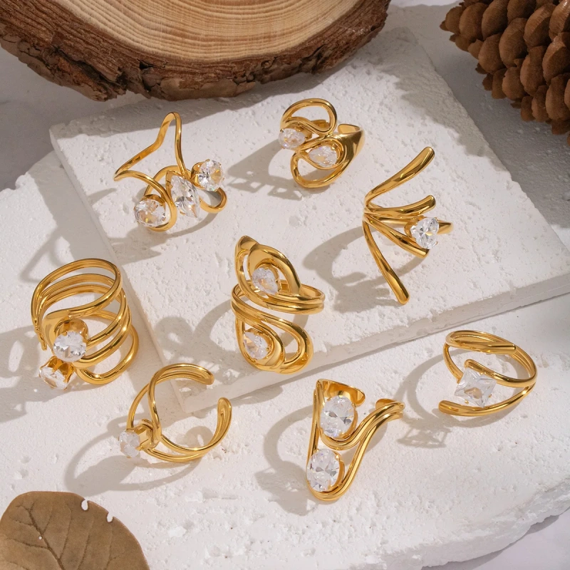 Light Luxury High End Stylish Versatile Irregular Geometric Line Zircon Ring 18K Gold Plated Waterproof Stainless Steel YF8317
