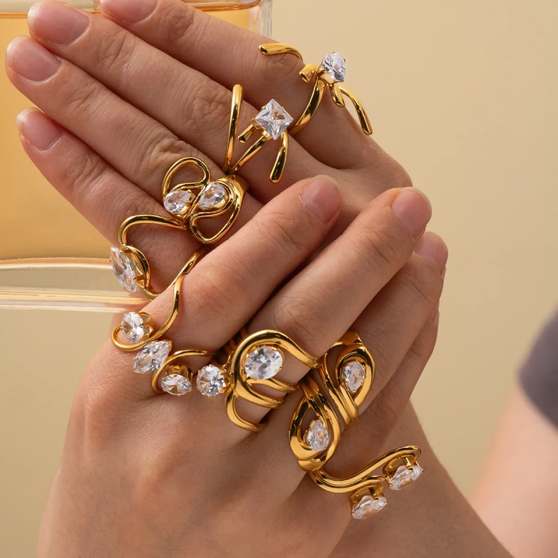 Light Luxury High End Stylish Versatile Irregular Geometric Line Zircon Ring 18K Gold Plated Waterproof Stainless Steel YF8317