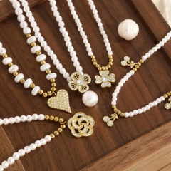 New Pearl Necklace with Petal Heart Pendant for Women 18K Gold Plated Waterproof Stainless Steel YF8326