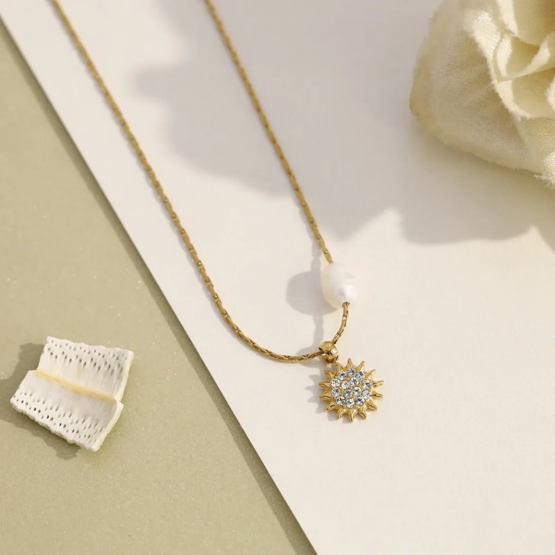 INS Style Natural Freshwater Pearl Necklace with Sunflower for Women 18K Gold Plated Waterproof Stainless Steel YF8327