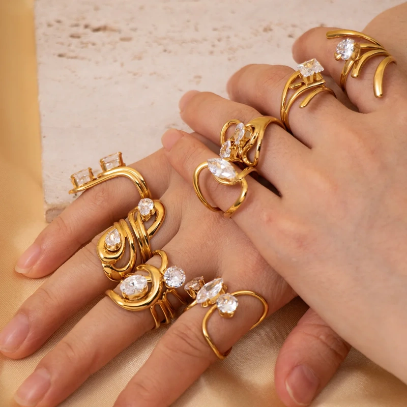Light Luxury High End Stylish Versatile Irregular Geometric Line Zircon Ring 18K Gold Plated Waterproof Stainless Steel YF8317